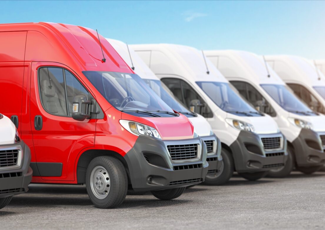 Red delivery van row white vans 3d illustration