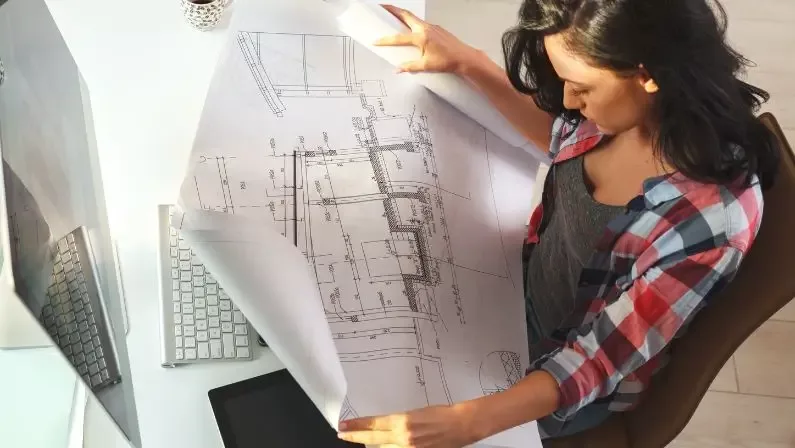 architect woman holding blueprint to building and sitting at office desk